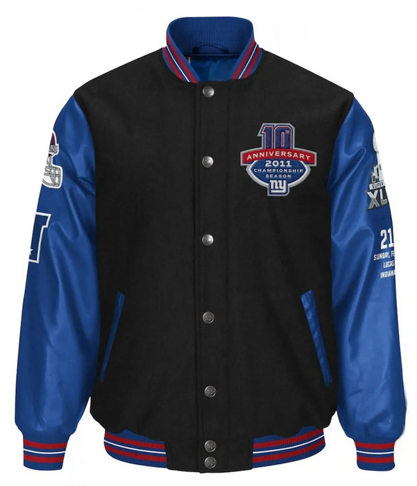 Black and blue varsity jacket with logos and text on a white background