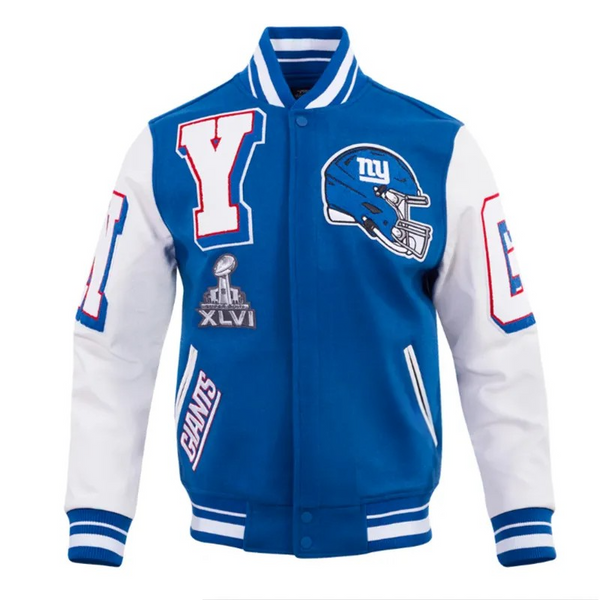 Blue and white varsity jacket with sports team logos on a white background