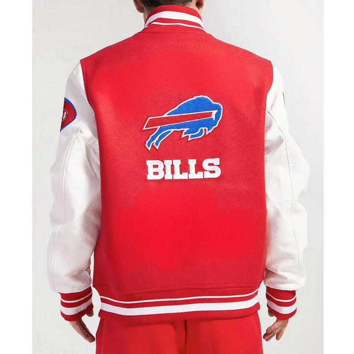 Iconic blue and red Buffalo Bills varsity jacket with bold team logo in USA