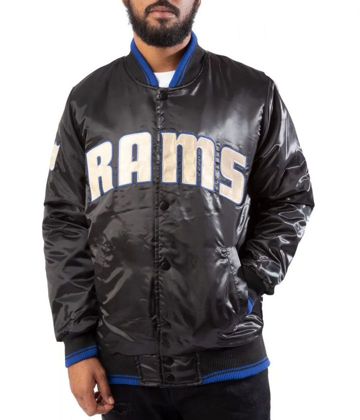 Men’s and women’s LA Rams UK flag black satin jacket in USA