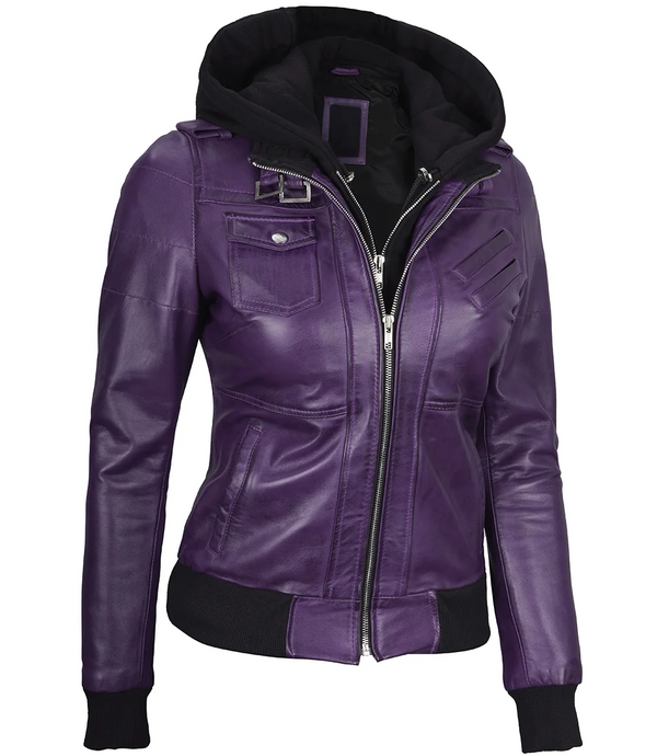 Purple leather bomber jacket for women with removable hood feature in USA