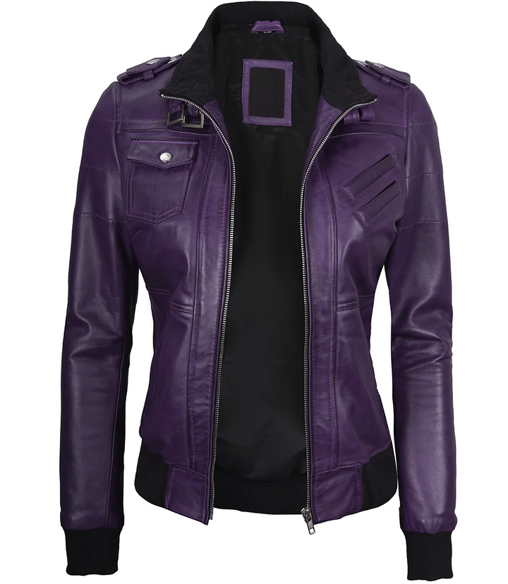 Women's purple bomber leather jacket with removable hood in USA