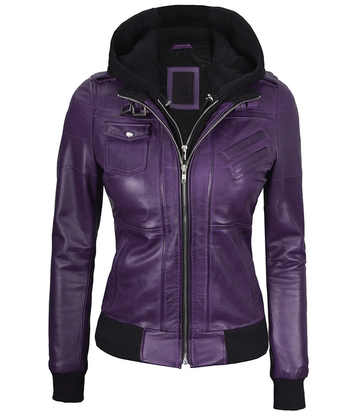 Edinburgh women's bomber jacket in purple leather with detachable hood in American Style