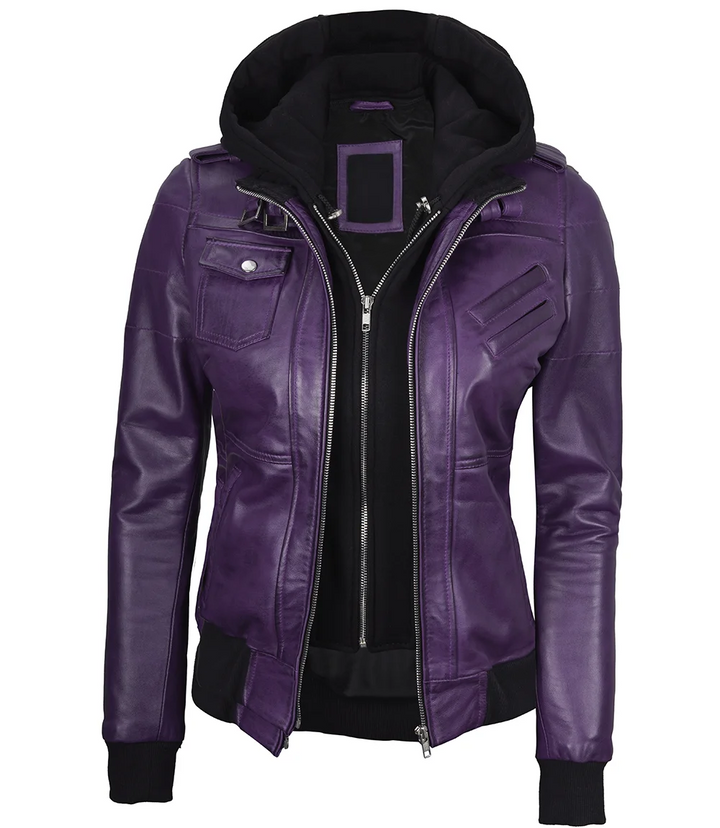 Stylish purple leather bomber jacket for women with removable hood in USA