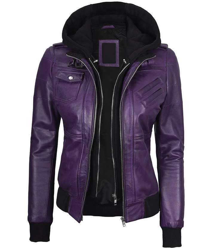 Edinburgh women's bomber jacket in vibrant purple with hood in USA