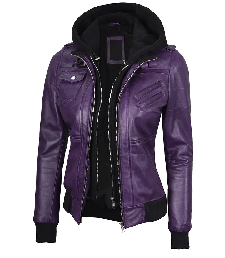 Edinburgh women's bomber jacket in vibrant purple with hood in USA