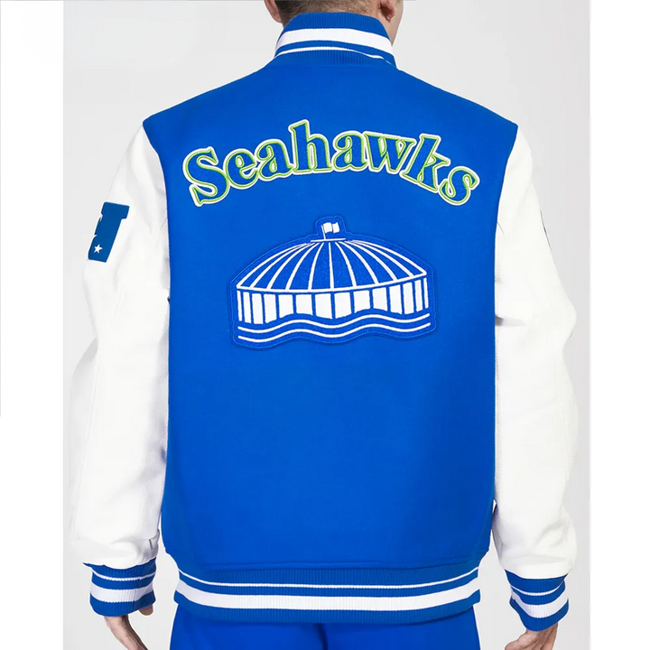 Unisex NFL Seattle Seahawks varsity jacket in navy and lime green in USA