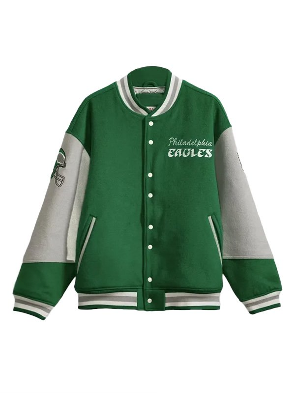 Grey and green varsity jacket inspired by Princess Diana

