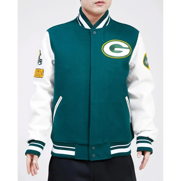 Green Bay Packers varsity jacket for men and women with official team logo in USA
