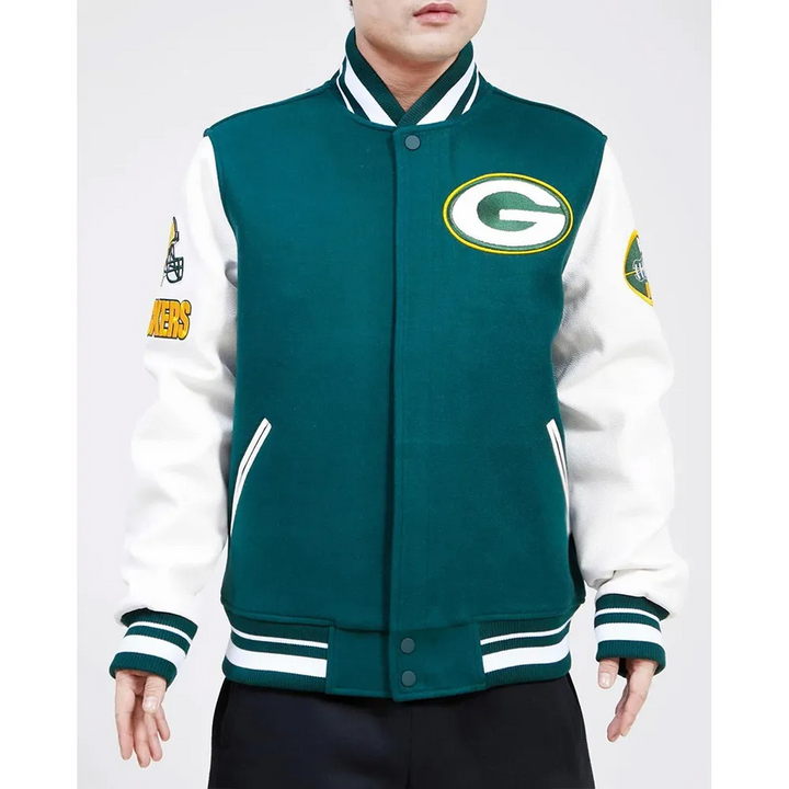 Green Bay Packers varsity jacket for men and women with official team logo in USA