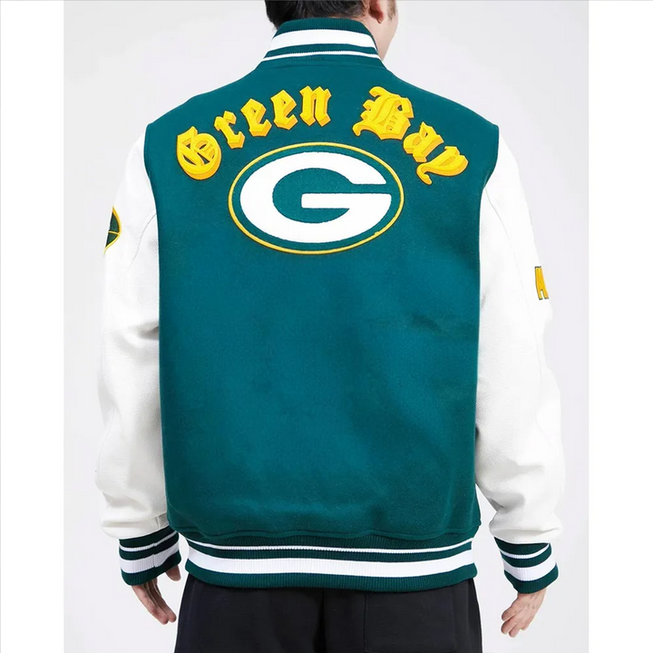 NFL unisex Green Bay Packers varsity jacket in green and gold in USA