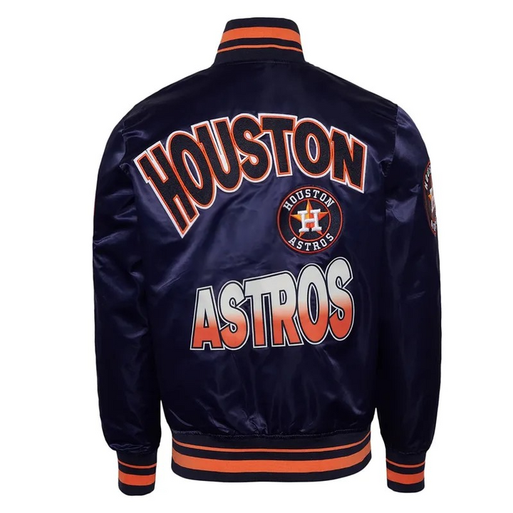 Houston Astros satin jacket with team logo on a white background