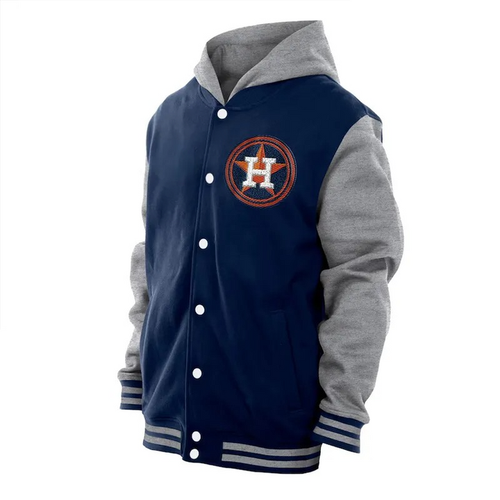 Navy and gray varsity jacket with a logo on a white background