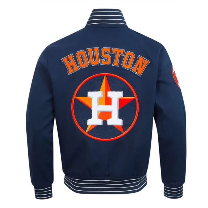 Navy blue jacket with 'Houston' and star logo on the back, on a white background