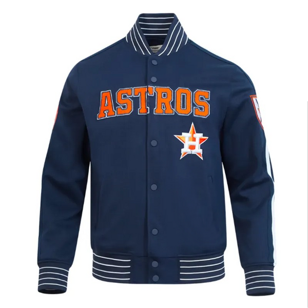 Navy blue jacket with 'ASTROS' text and logo on a white background