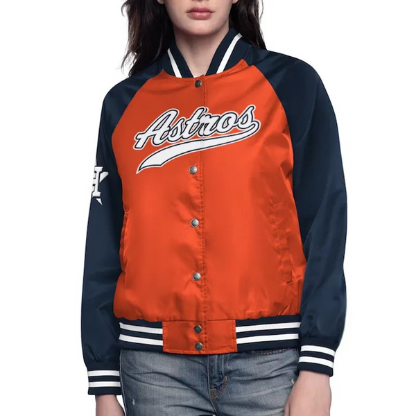 Orange and navy jacket with 'Astros' text on a white background