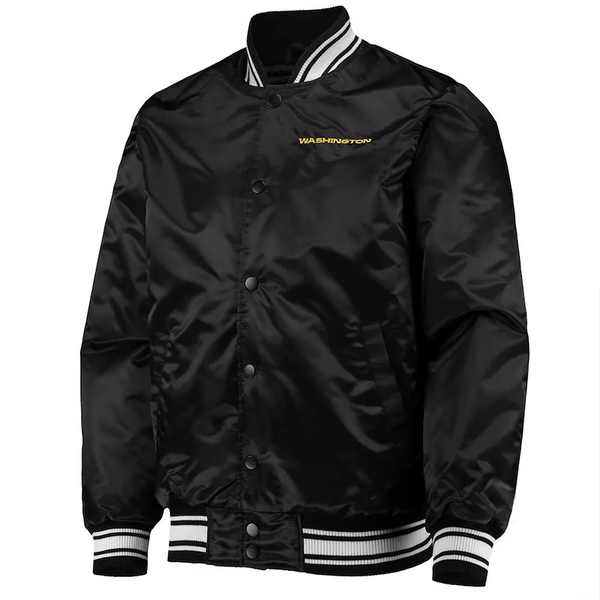 Washington Commanders black satin locker room jacket front view