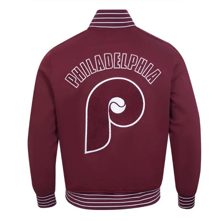 Unisex Phillies varsity jacket in wine color

