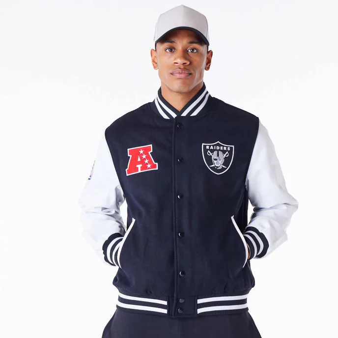 Official NFL black letterman jacket for Las Vegas Raiders fans in USA
