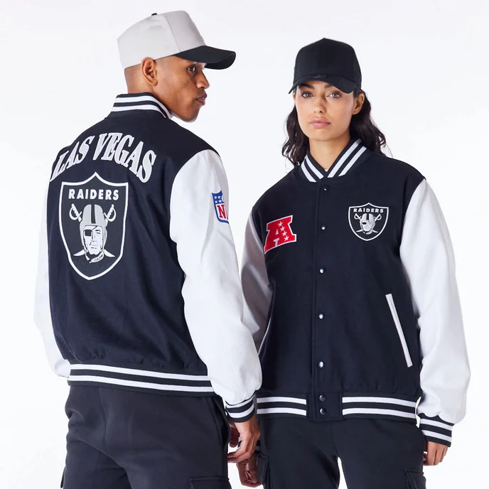 Las Vegas Raiders black varsity jacket with NFL patch logo in USA