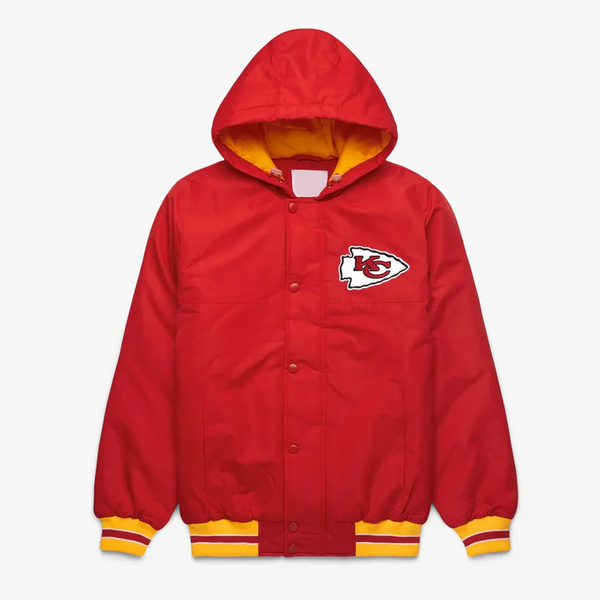 Kansas City Chiefs red hooded jacket with team logo in USA