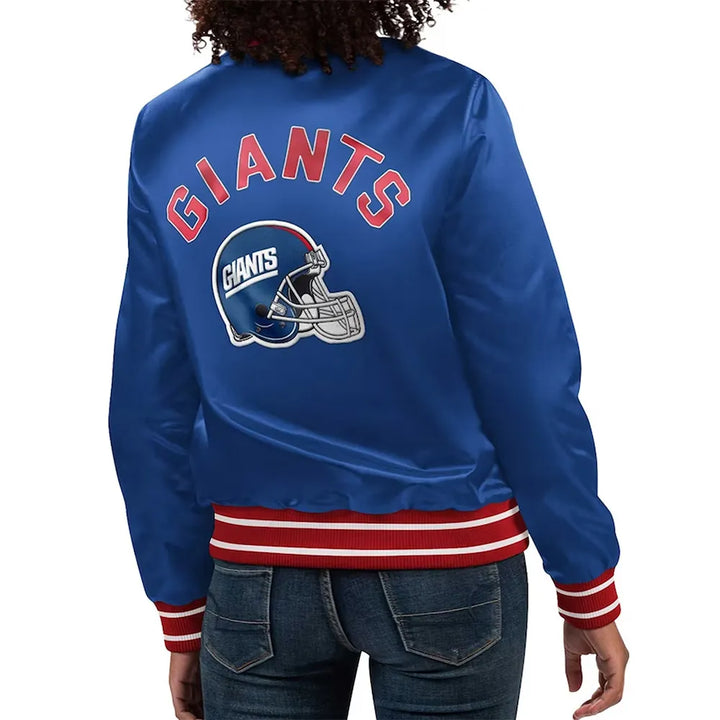 Blue jacket with 'Giants' logo on the back, worn by a person.