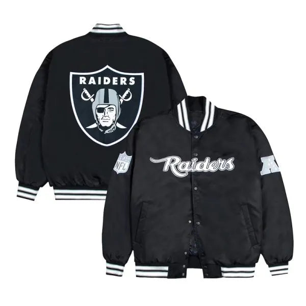 Buy Las Vegas Raiders Gray and White Rib Bomber Black Jacket