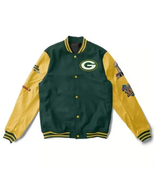 Green Bay Packers 4X Super Bowl Champions varsity jacket front view

