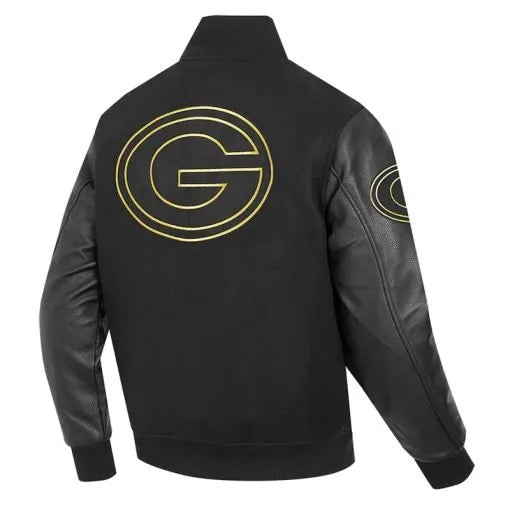 Front view of Packers full-zip black varsity jacket

