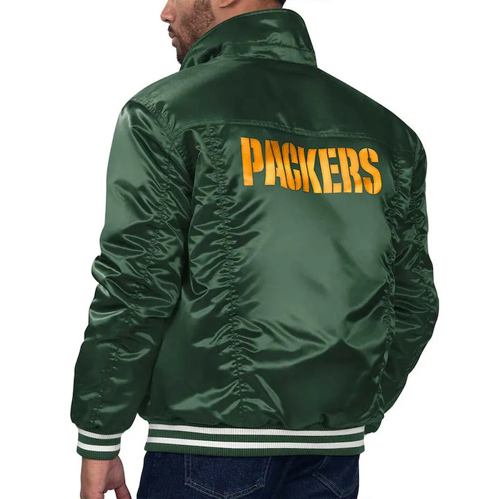 Stylish satin jacket featuring Green Bay Packers branding in USA
