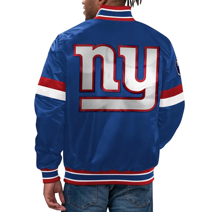 Blue satin New York Giants jacket with team logo in USA