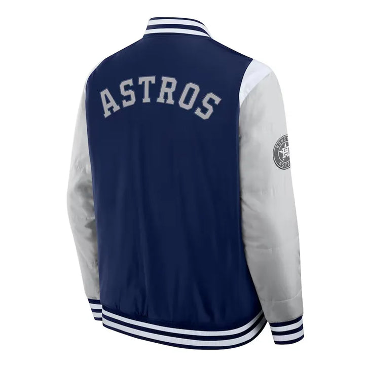 Navy and gray jacket with 'ASTROS' text on the back, on a white background