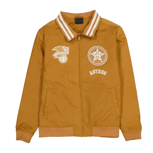 Yellow jacket with sports team logos on a white background