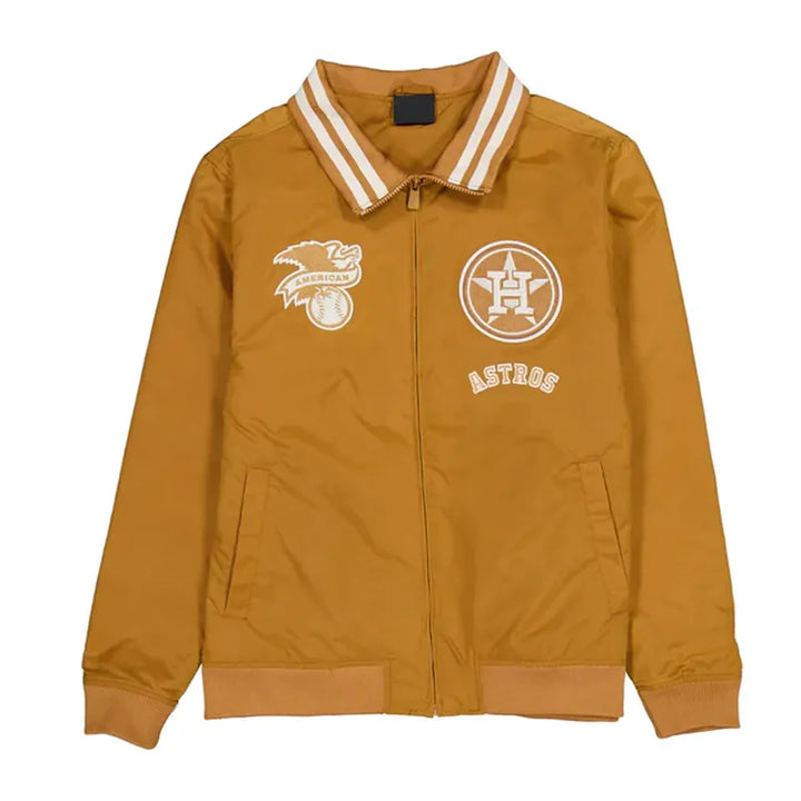 Yellow jacket with sports team logos on a white background