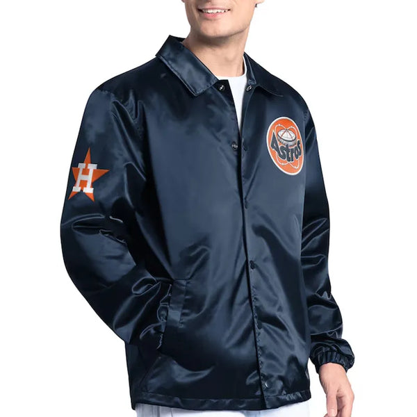 Navy jacket with sports team logos on a white background