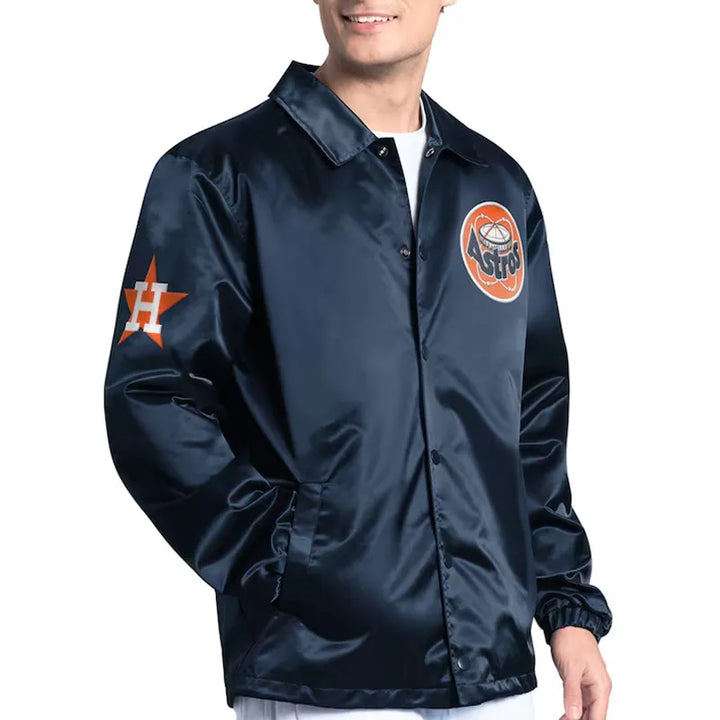 Navy jacket with sports team logos on a white background