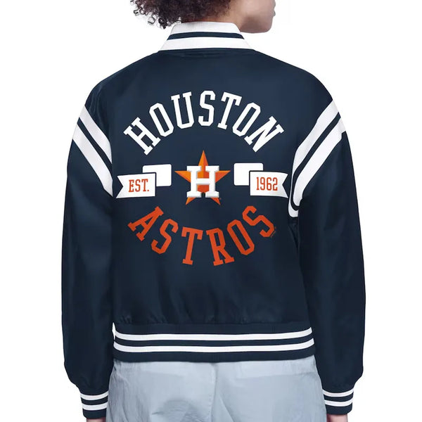 Navy blue Houston Astros jacket with white and red text on a white background