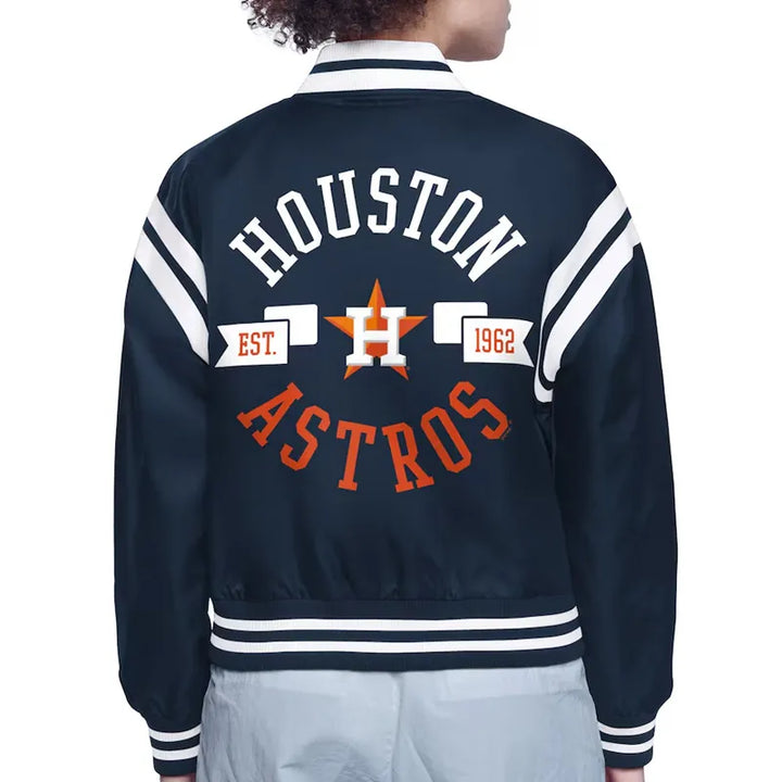 Navy blue Houston Astros jacket with white and red text on a white background