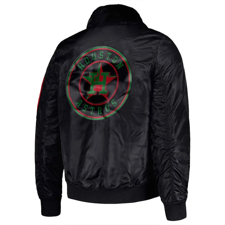 Black jacket with Houston Astros logo on the back against a white background