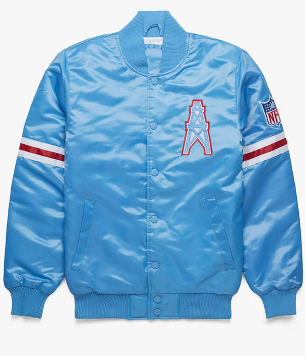 Retro NFL satin jacket in light blue for Houston Oilers fans in USA