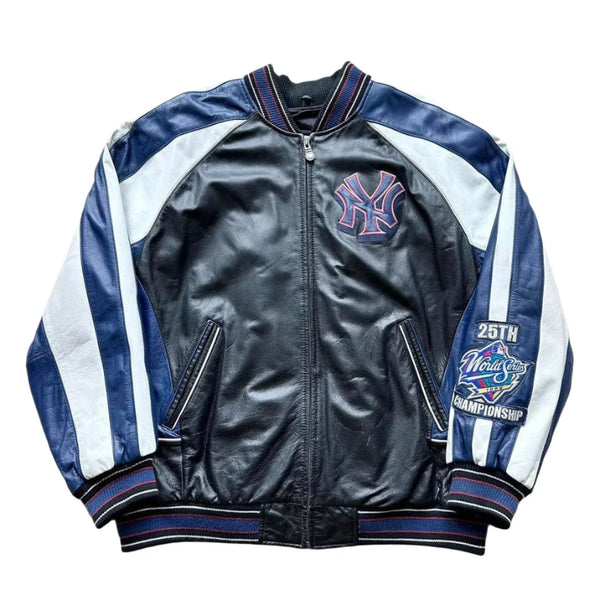 Vintage 1999 New York Yankees 25th Championship leather bomber jacket with blue and white stripes on the sleeves, black leather body, and team logo on the front.