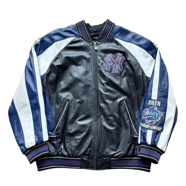 Vintage 1999 New York Yankees 25th Championship leather bomber jacket with blue and white stripes on the sleeves, black leather body, and team logo on the front.