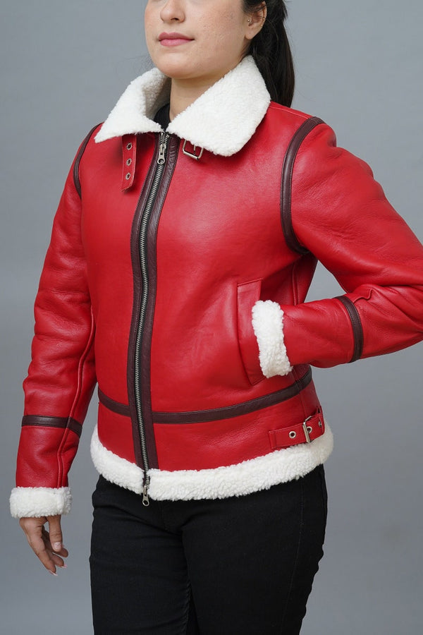Buy Womens Christmas Red Leather Jacket Aviator Bomber Style Faux Shearling Red Leather Jacket Christmas Outfit By tp