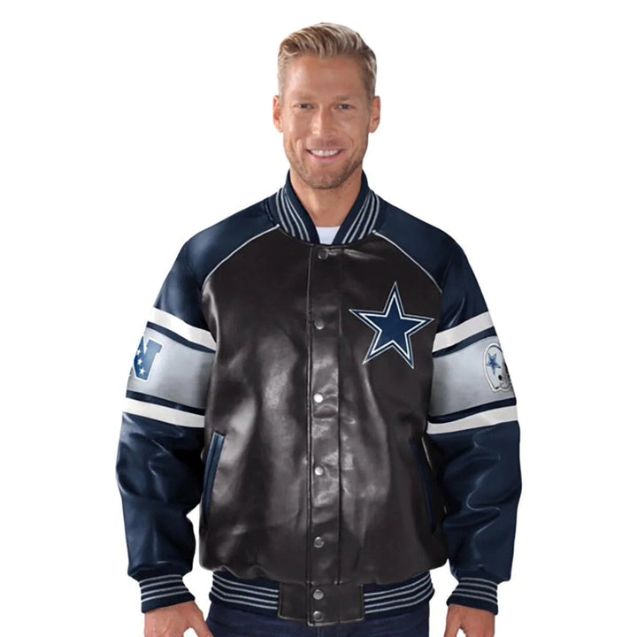 NFL Cowboys leather jacket in navy blue and silver design in USA