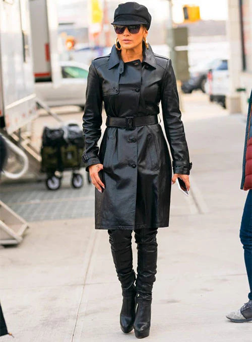 Buy Jennifer Lopez black leather trench coat
