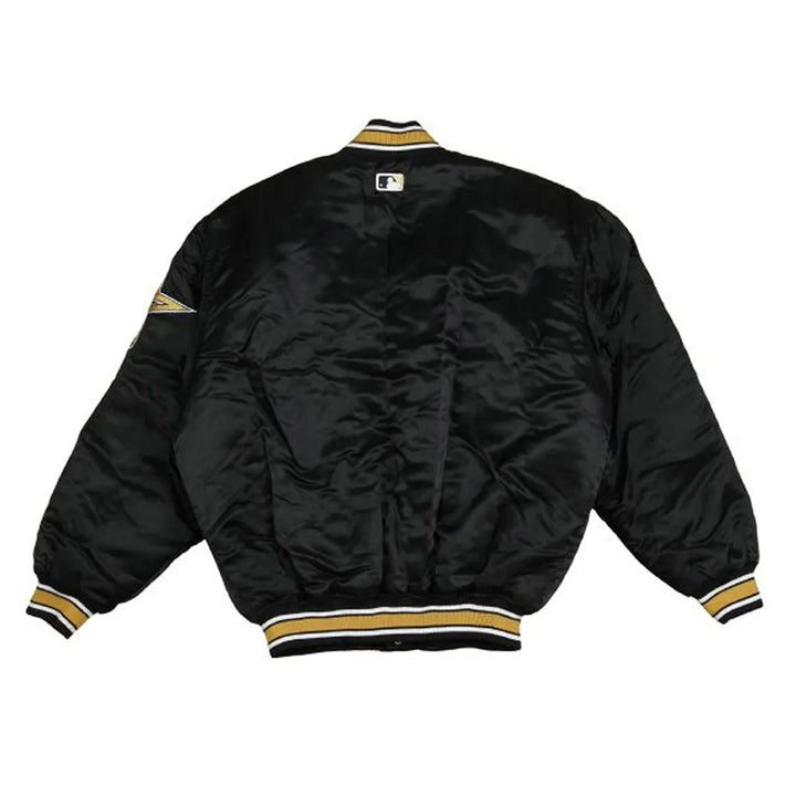 Black satin jacket with gold accents on a white background
