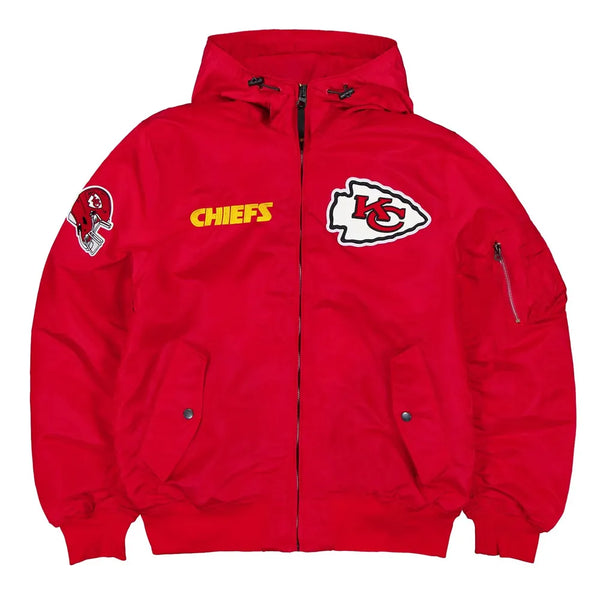 NFL satin jacket for unisex Kansas City Chiefs fans in red and gold in USA