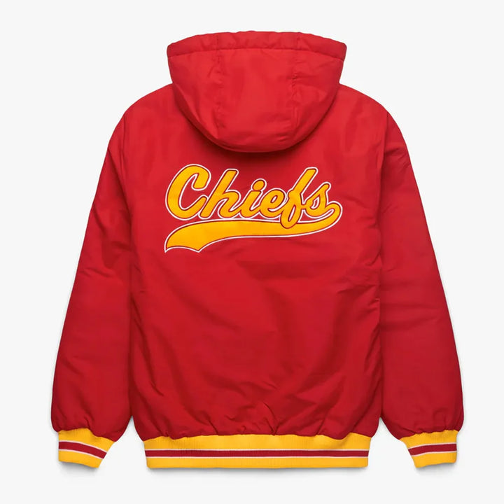 Bold red hooded jacket featuring Kansas City Chiefs branding in USA