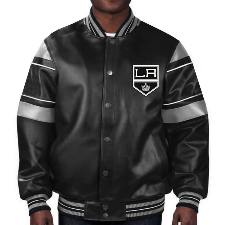 Elevate your game day look with this officially licensed Los Angeles Kings leather jacket, a must-have for passionate supporters in USA