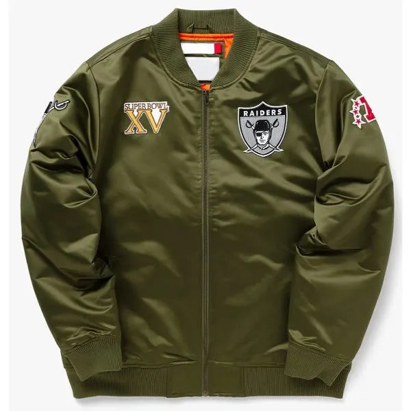 Full-zip green NFL bomber with team patches

